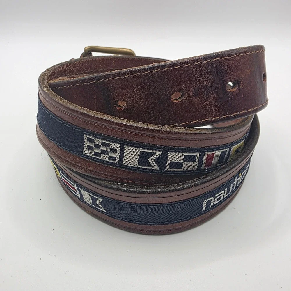 Nautica Mens Brown Leather Nautical Signal Flag Belt Brass Buckle 38 93802T
